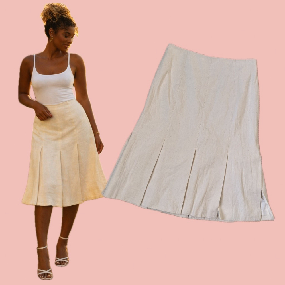 J.Crew Collection Pleated Midi Skirt Cream Linen Cotton Size 12